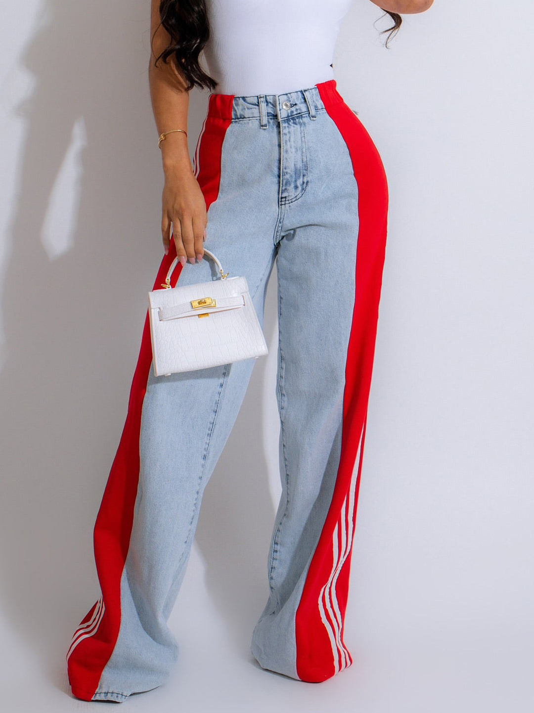 High waisted wide leg jeans with a bold side stripe and stretch
