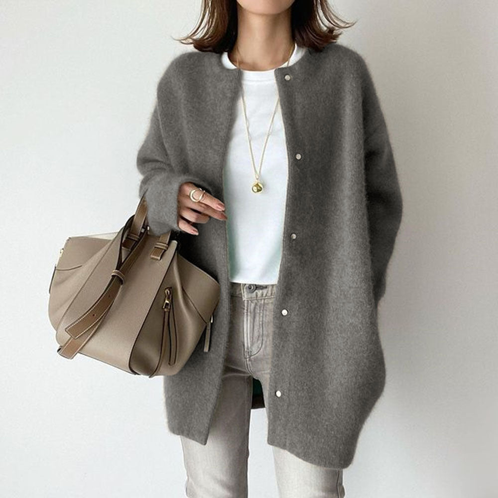 Loose Round Neck Cardigan, Single-Breasted Knit Jacket