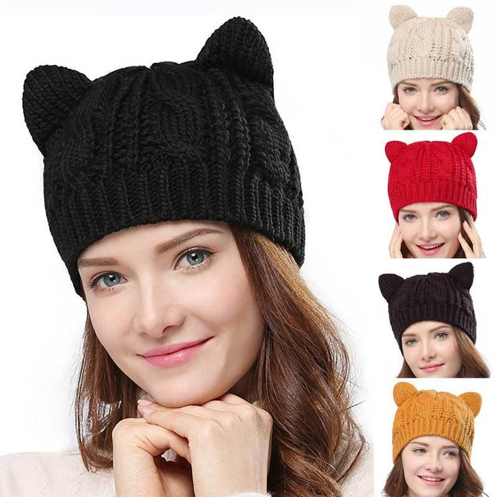 Hand-Knit Cat Ear Beanie, Cute and Warm Winter Hat
