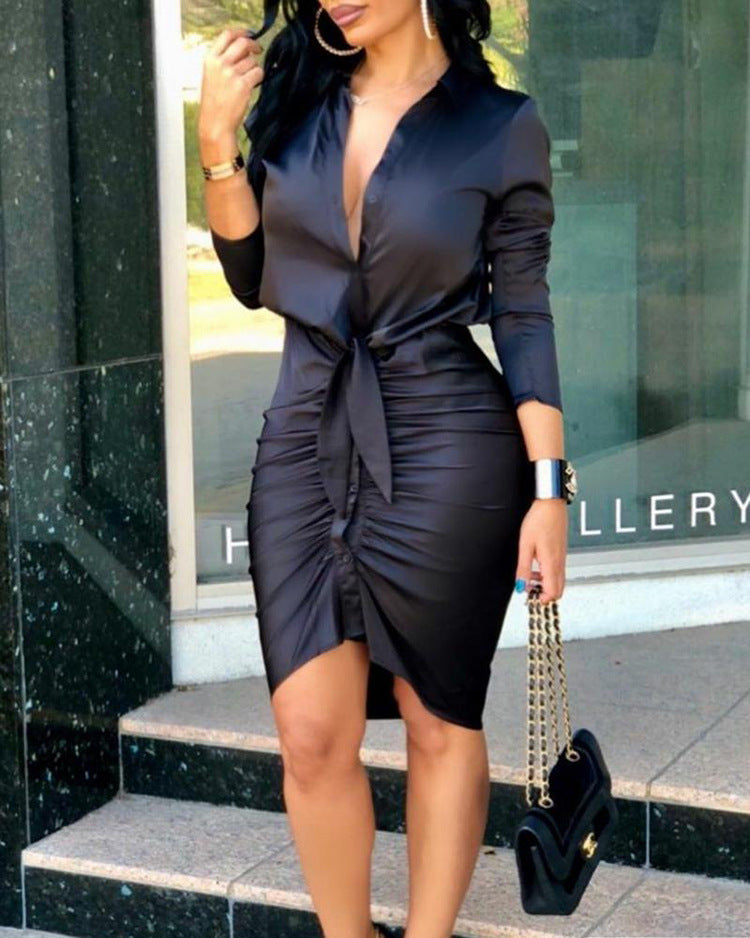 Lace-Up Long Sleeve Midi Shirt Dress, Elegant Party Dress