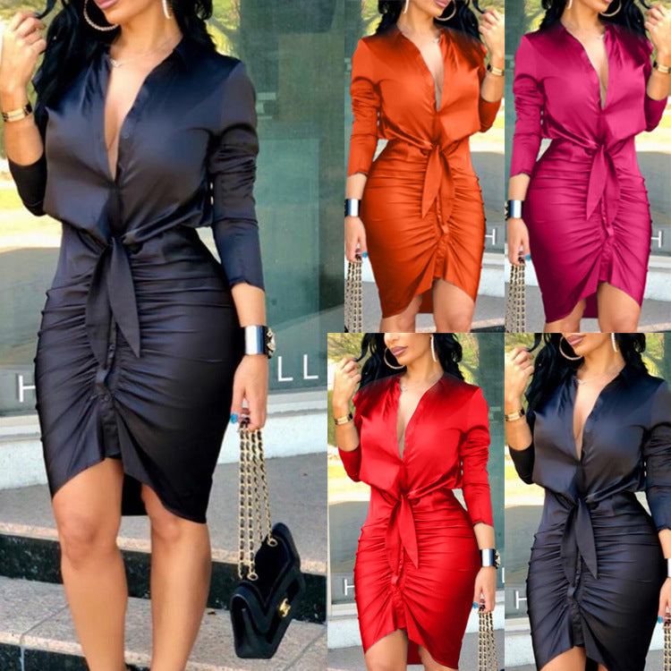 Lace-Up Long Sleeve Midi Shirt Dress, Elegant Party Dress