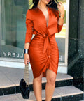 Lace-Up Long Sleeve Midi Shirt Dress, Elegant Party Dress