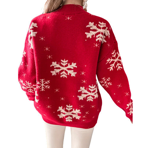 Woman in a fuzzy snowflake sweater