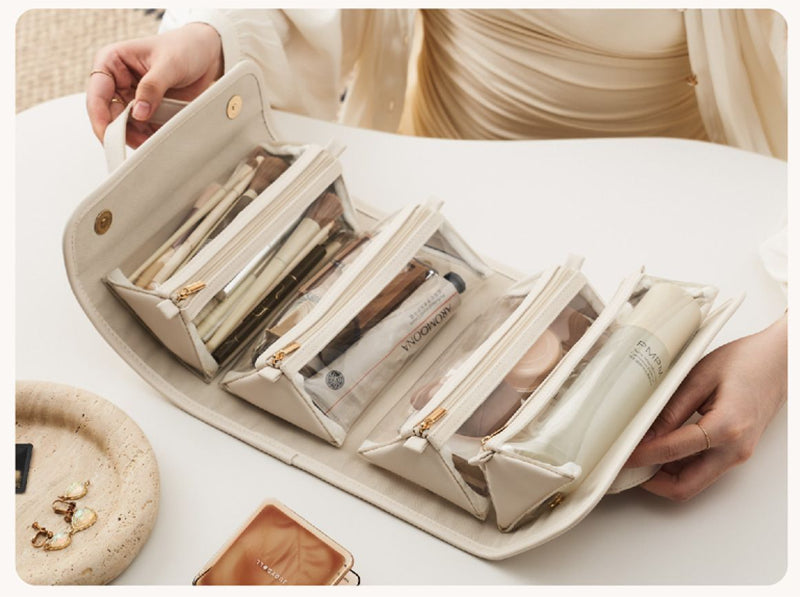 Cream toiletry bag with clear pouches