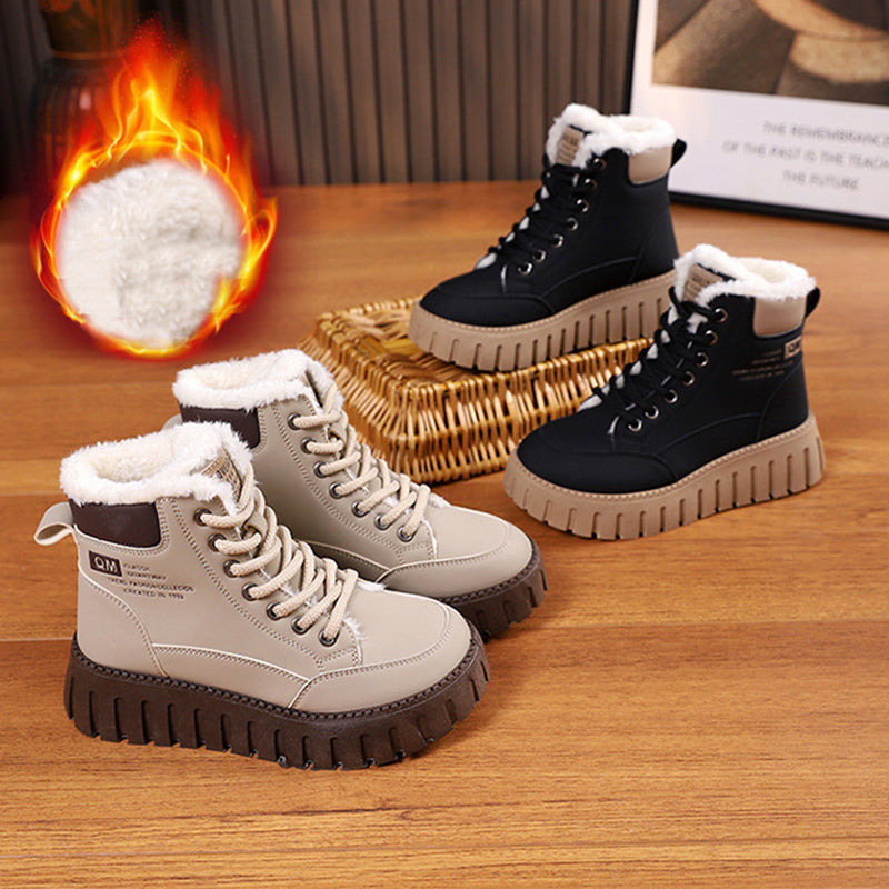 Lace-Up Snow Boots for Women, Fleece-Lined Plush Ankle Boots