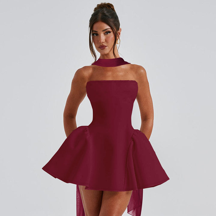 Woman in a strapless flared mini dress
