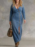 Gwen | V-neck Single Button Side Split Denim Long Sleeve Maxi Dress