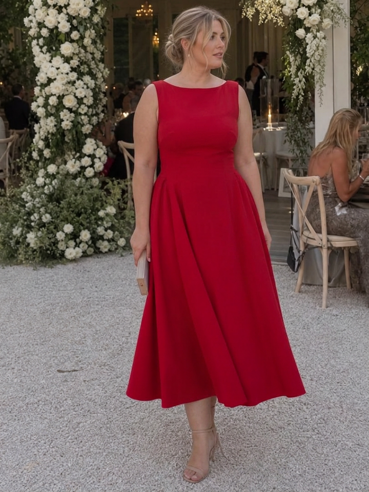 Isadora | Sleeveless Crew Neck Fitted Bodice Midi Dress