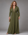 Vienne | Draped Deep V Neck Long Sleeve Maxi Dress