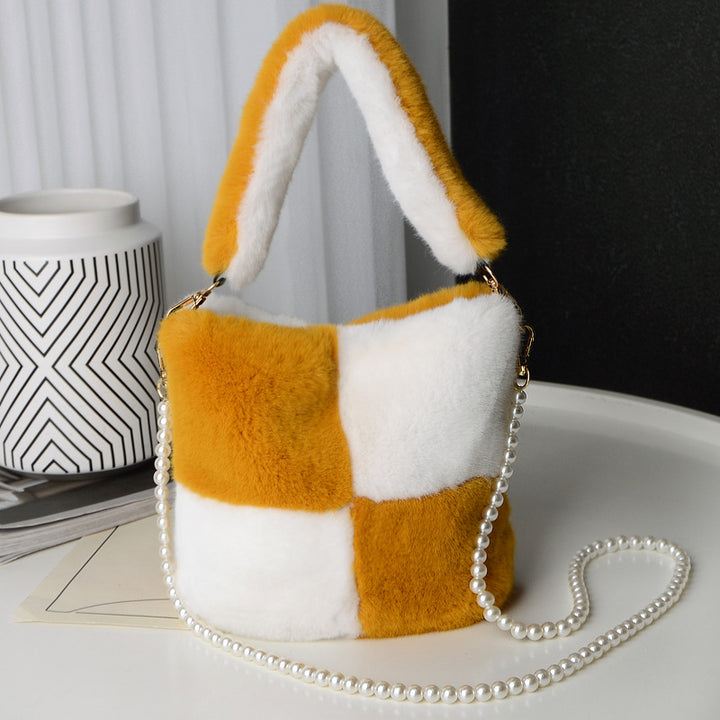 Fluffy plush bucket bag with pearl chain