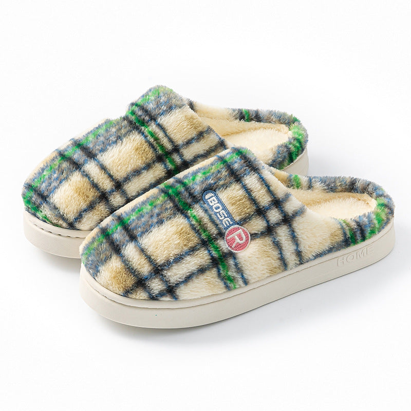 Plush Plaid Cotton House Slippers, Warm and Non-Slip