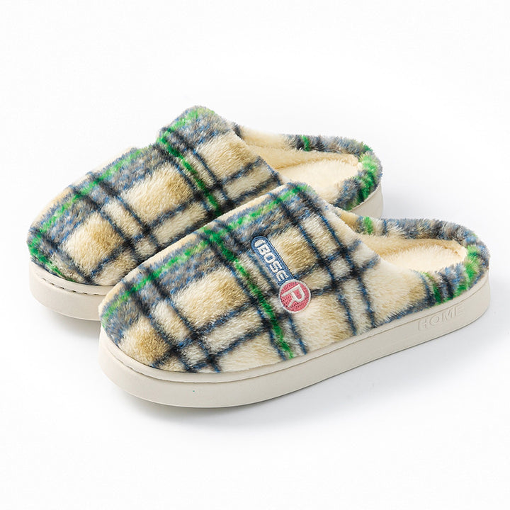 Plush Plaid Cotton House Slippers, Warm and Non-Slip
