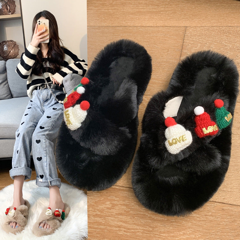 Christmas Hat Fluffy Slippers, Warm Toe-Covering Style