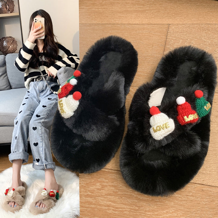 Christmas Hat Fluffy Slippers, Warm Toe-Covering Style