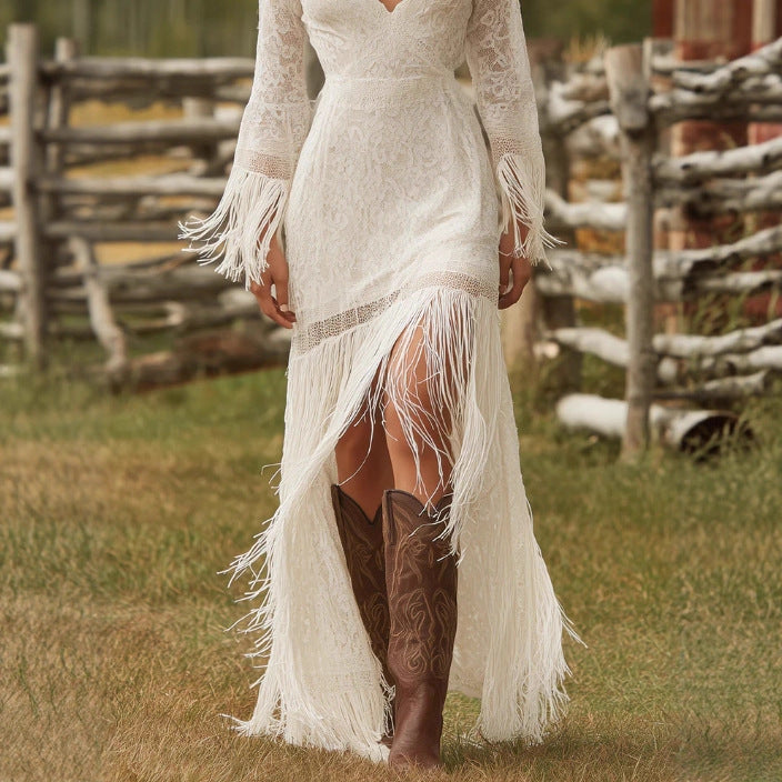 Boho Lace Maxi Dress with V-Neck and Fringe Sleeves