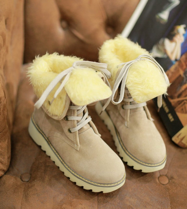 Faux Fur Lace-Up Snow Boots – Flat, Low-Top Winter Boots