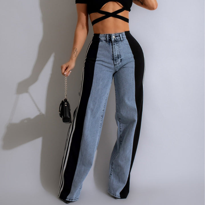 High waisted wide leg jeans with a bold side stripe and stretch