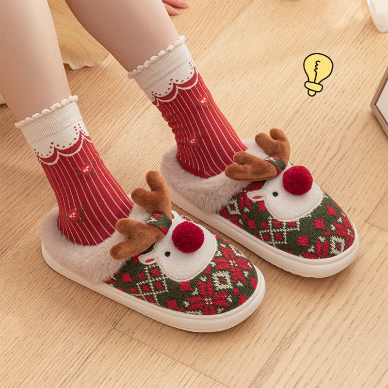 Embroidered Reindeer Christmas Slippers – Plush and Non-Slip