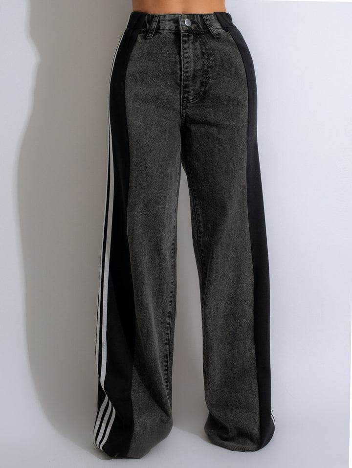 High waisted wide leg jeans with a bold side stripe and stretch