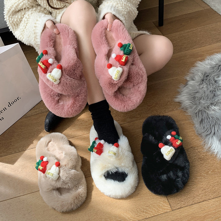 Christmas Hat Fluffy Slippers, Warm Toe-Covering Style