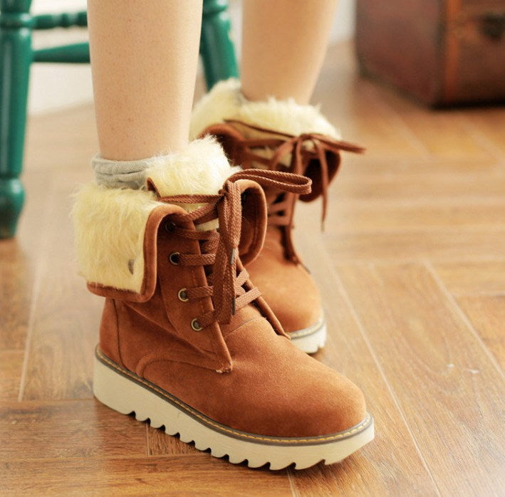 Faux Fur Lace-Up Snow Boots – Flat, Low-Top Winter Boots