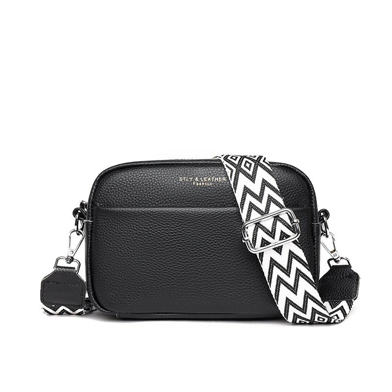 Leather camera crossbody bag with wide strap