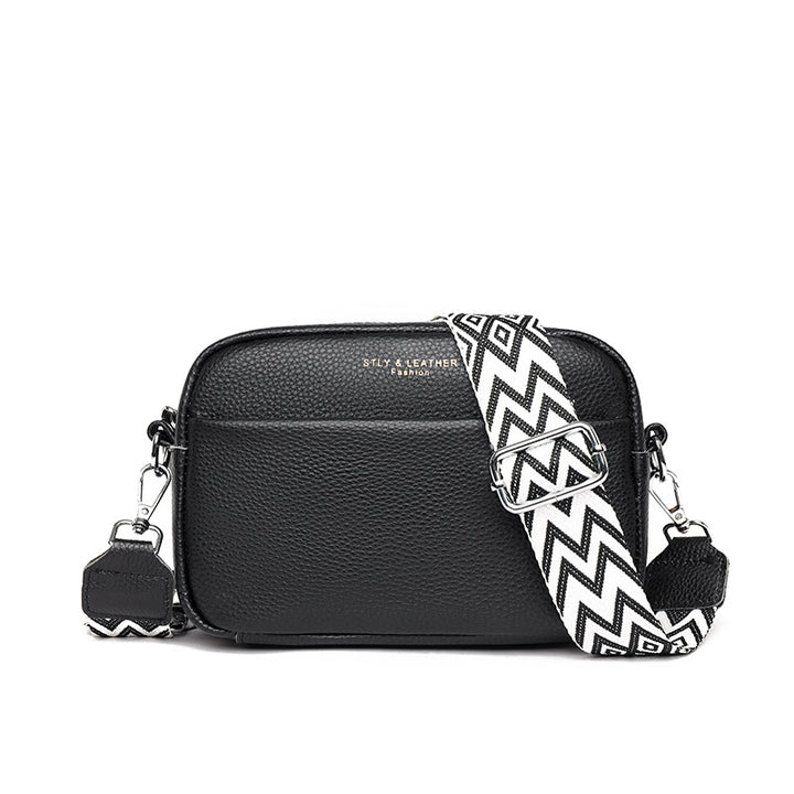 Leather camera crossbody bag with wide strap