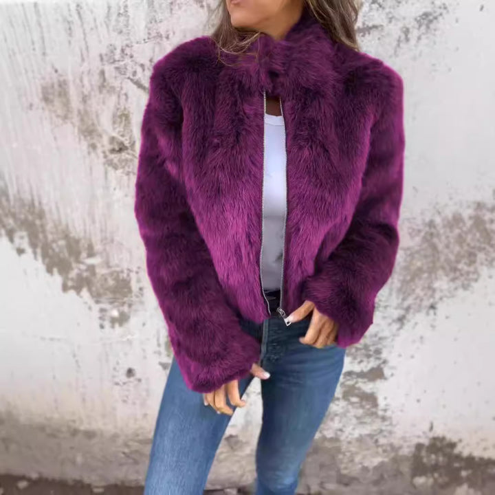 Faux Fur Stand Collar Jacket for Women, Zip-Up Fleece Coat