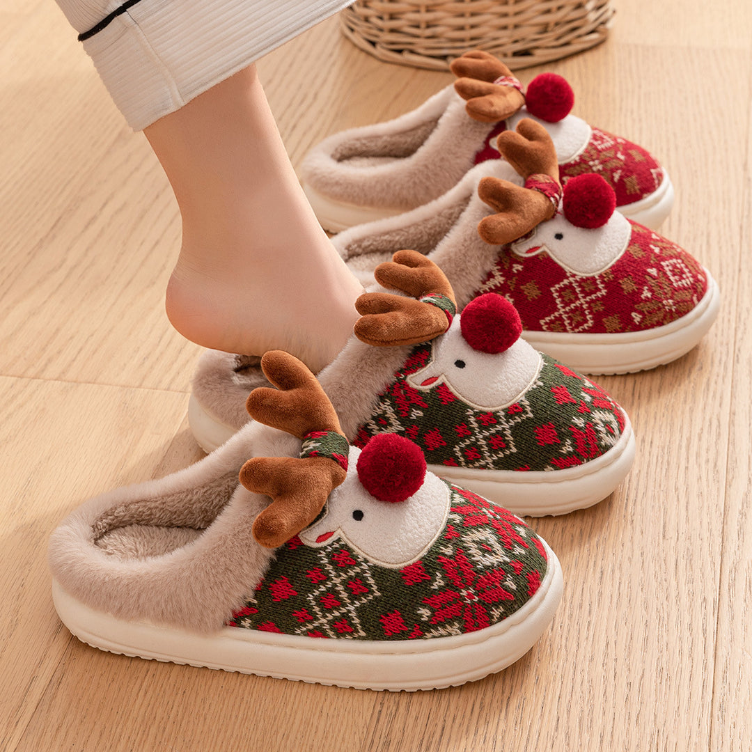 Embroidered Reindeer Christmas Slippers – Plush and Non-Slip