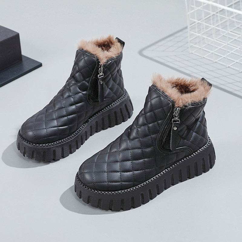 Plaid Platform Ankle Boots for Women, Plush-Lined Snow Boots
