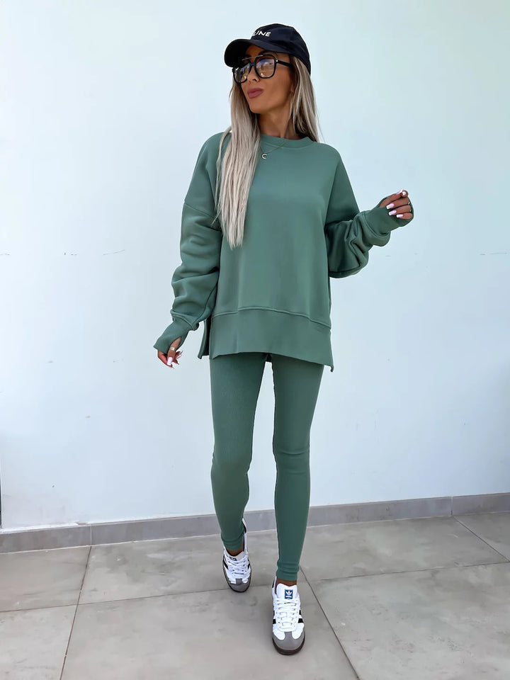 Casual Sweater Suit, Loose Crew Neck Split Top and Tight Pants