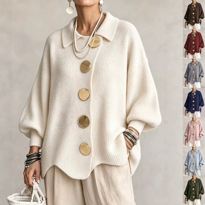 Button-Up Knit Cardigan with Lapel, Loose Fit Long Sleeve