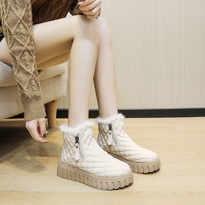 Plaid Platform Ankle Boots for Women, Plush-Lined Snow Boots