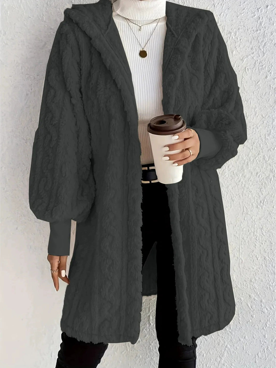 Hooded Teddy Coat for Women, Double-Sided Plush Long Cardigan