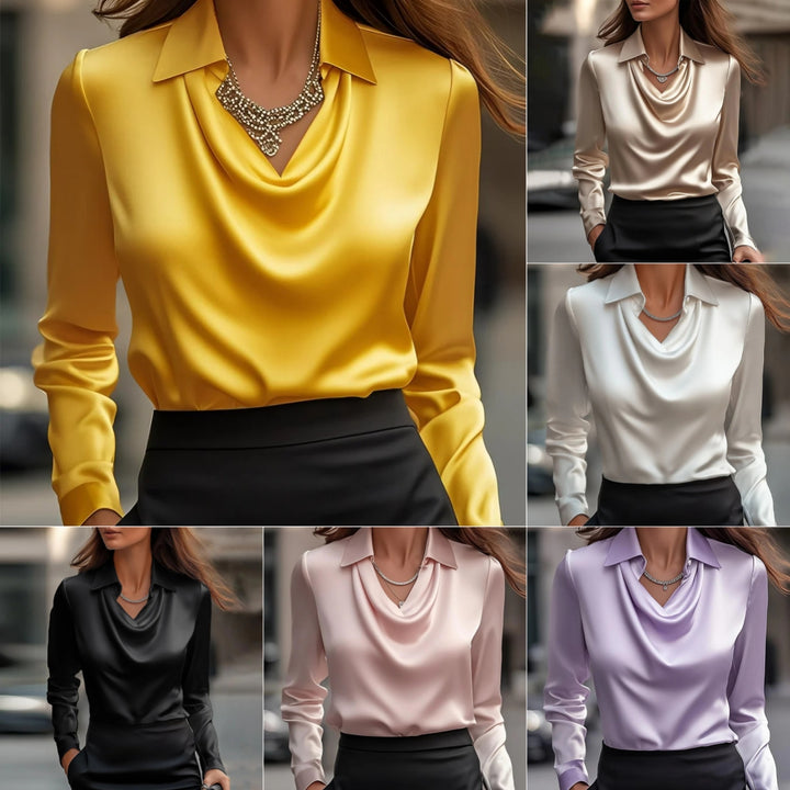 Satin Swing Collar Blouse, Elegant Draped Pullover Top