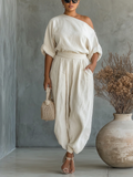 Women's Off-White Set with Off-Shoulder Top and Tapered Pants