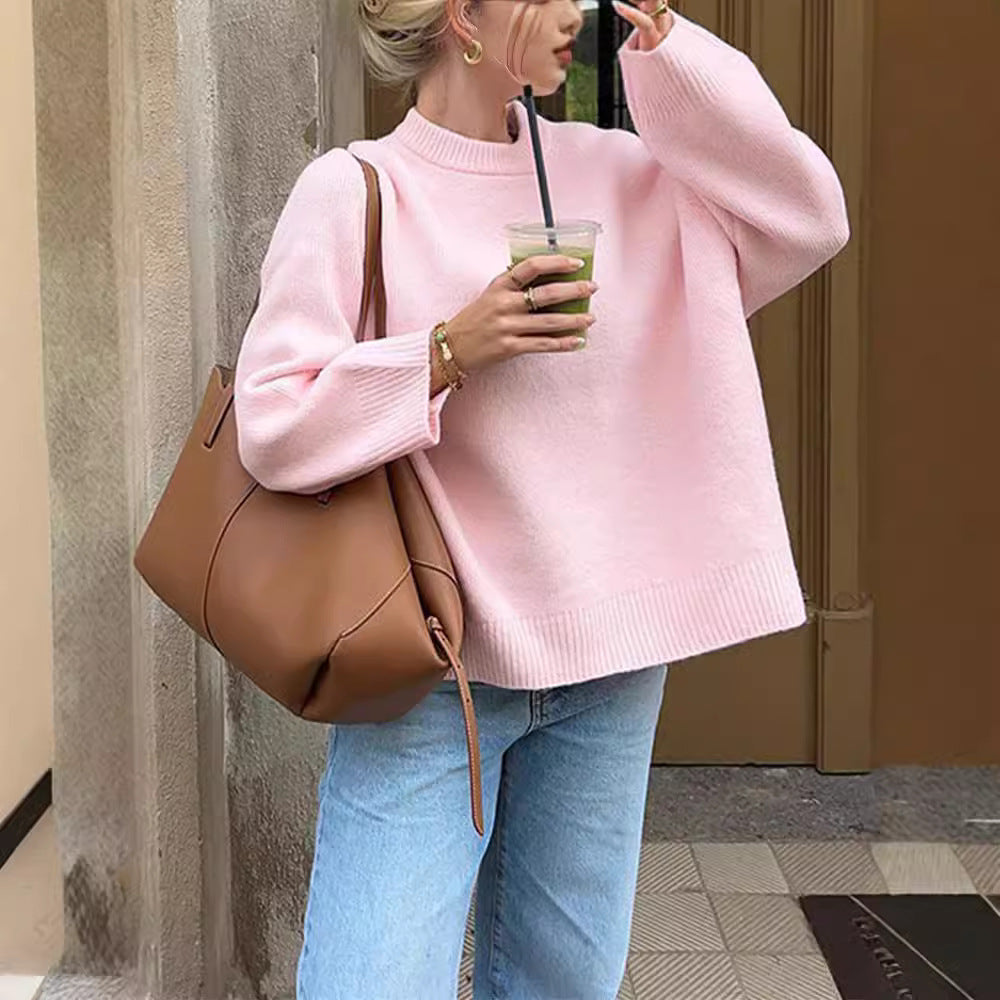 Crew Neck Pullover Sweater with Stretch and Long Sleeves