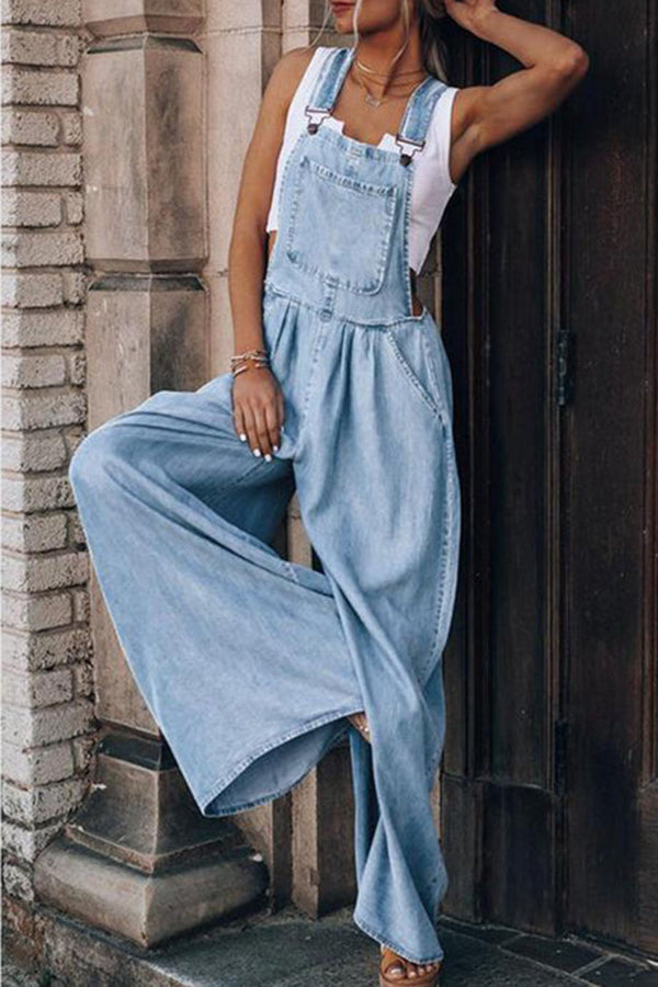 Esm - Fashion Casual Solid Pocket Spaghetti Strap Loose Jumpsuits