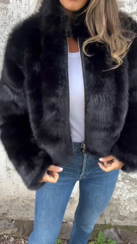 Faux Fur Stand Collar Jacket for Women, Zip-Up Fleece Coat