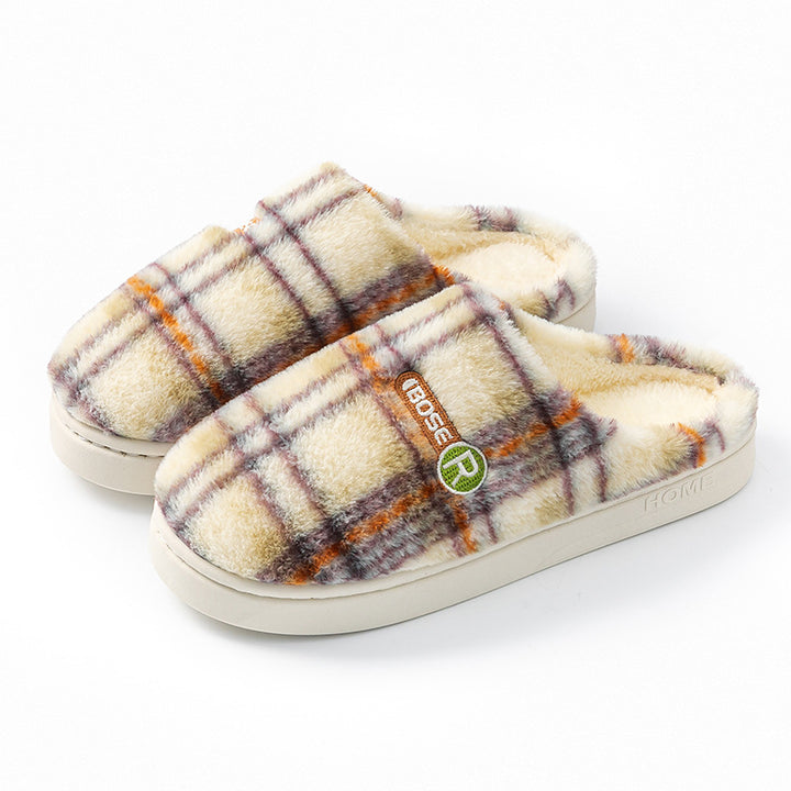 Plush Plaid Cotton House Slippers, Warm and Non-Slip
