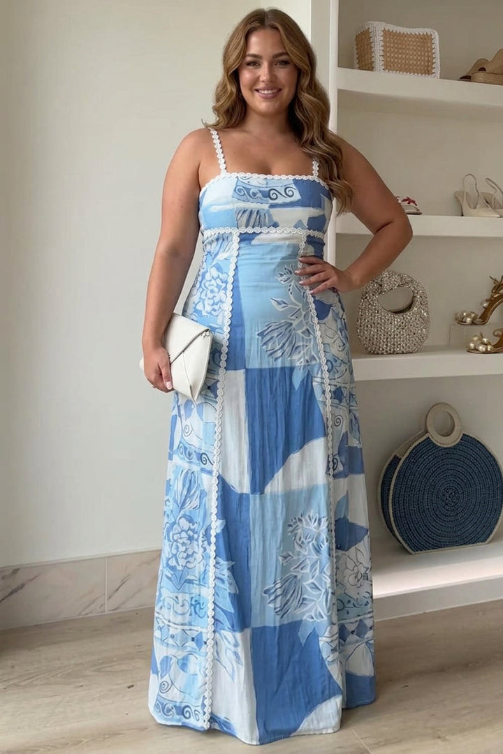 Mira | Ric Rac Strap Bow Back Printed Maxi Dress