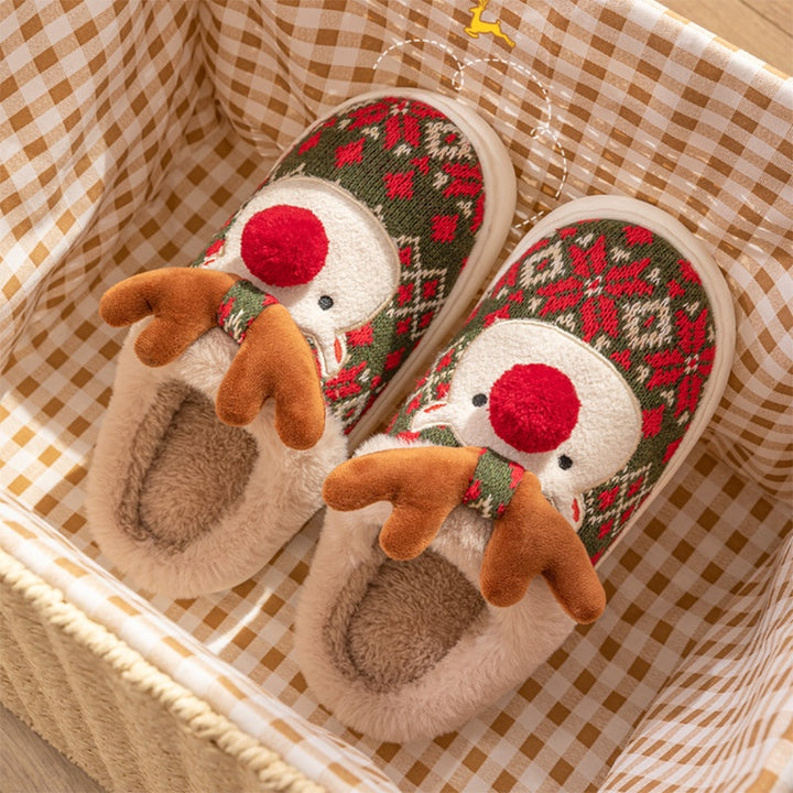 Embroidered Reindeer Christmas Slippers – Plush and Non-Slip