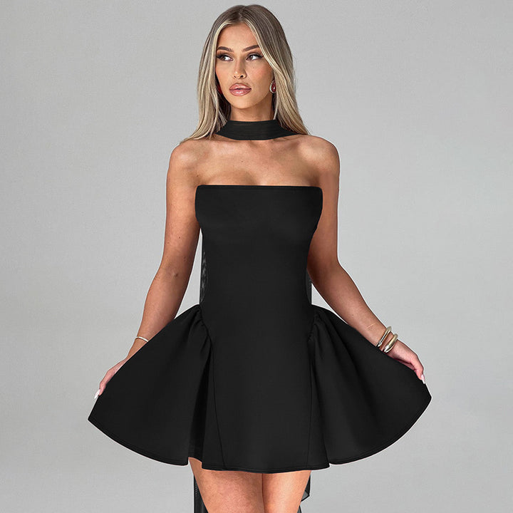Woman in a strapless flared mini dress