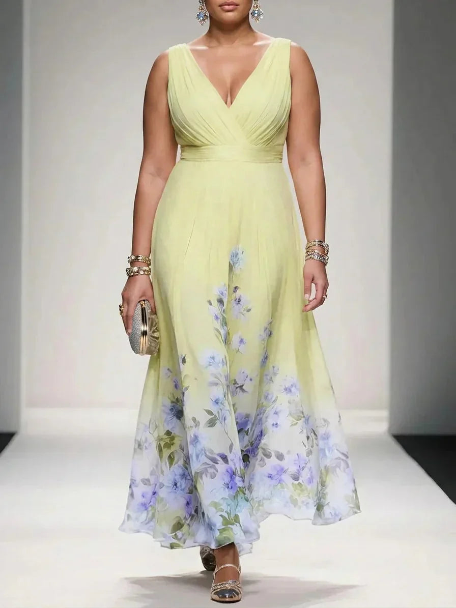 Salma | Light Blue Floral Chiffon V-Neck Maxi Dress