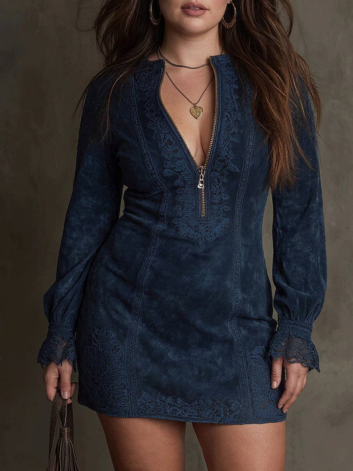 Layla  Blue Suede Mini Dress with Lace