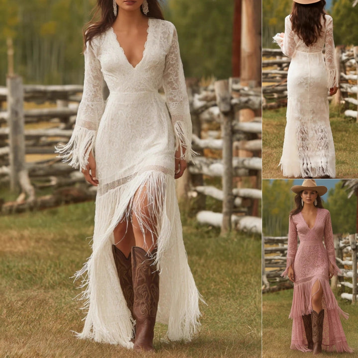 Boho Lace Maxi Dress with V-Neck and Fringe Sleeves