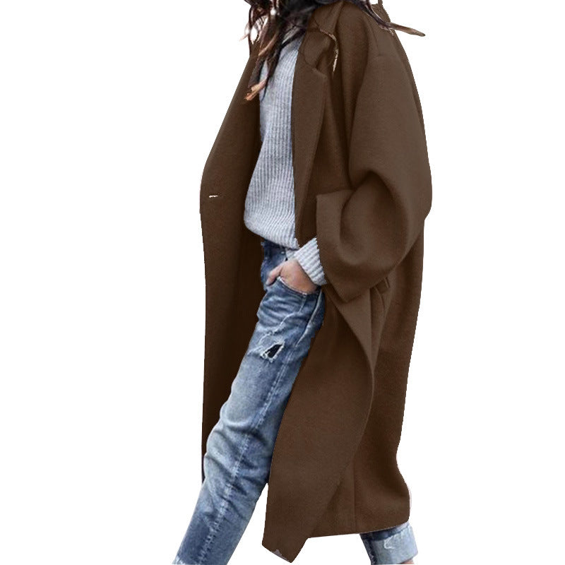 Long Woolen Coat with Pockets, Single-Breasted Lapel Jacket