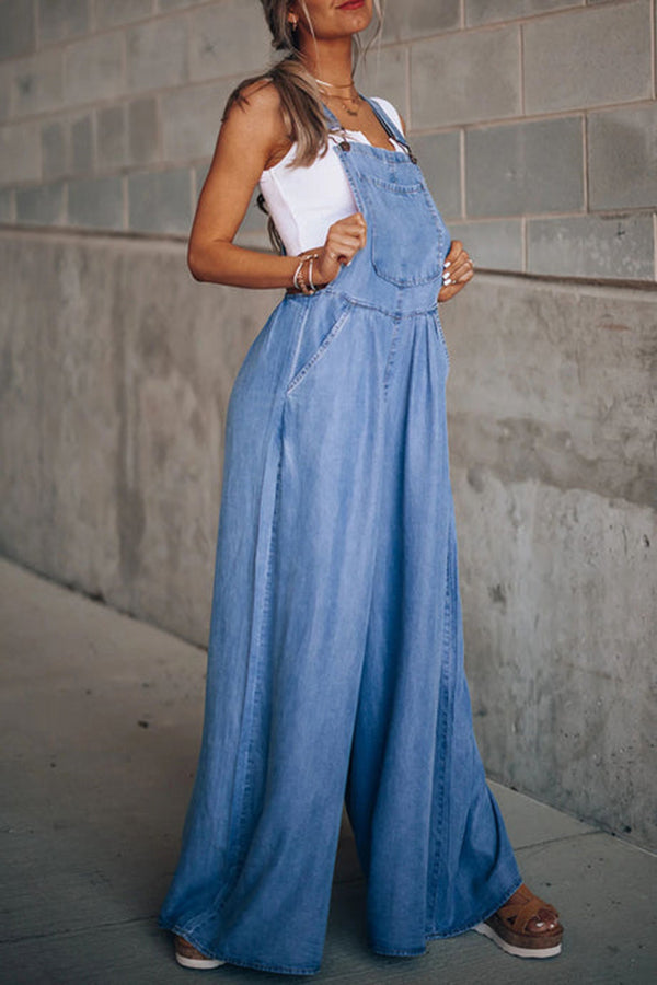 Esm - Fashion Casual Solid Pocket Spaghetti Strap Loose Jumpsuits