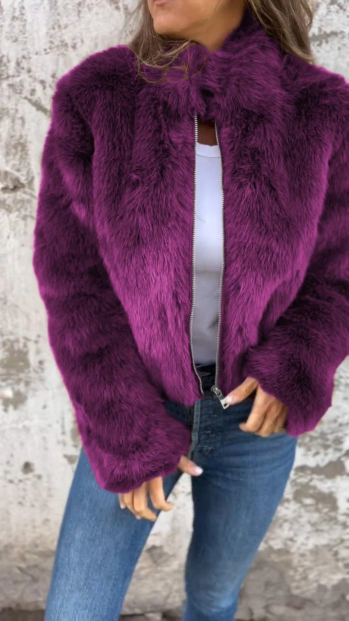 Faux Fur Stand Collar Jacket for Women, Zip-Up Fleece Coat
