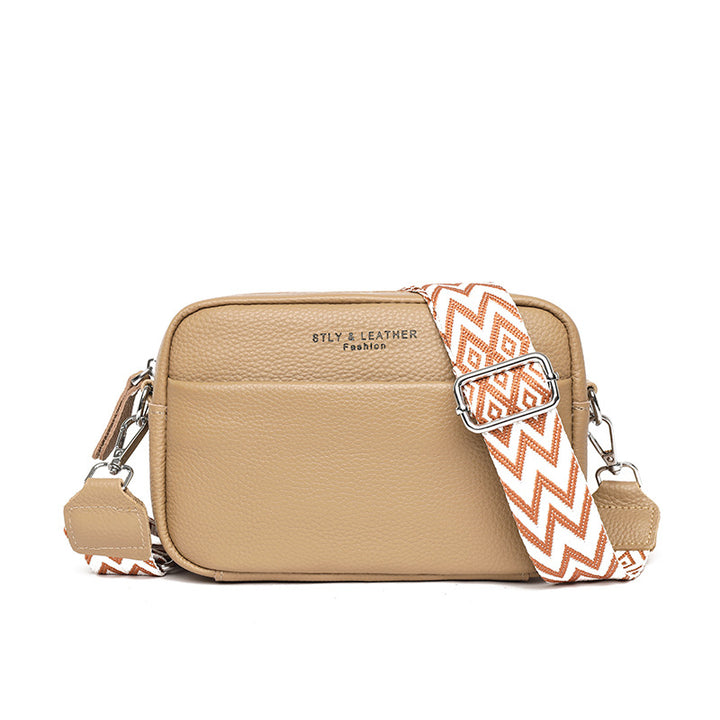Leather camera crossbody bag with wide strap